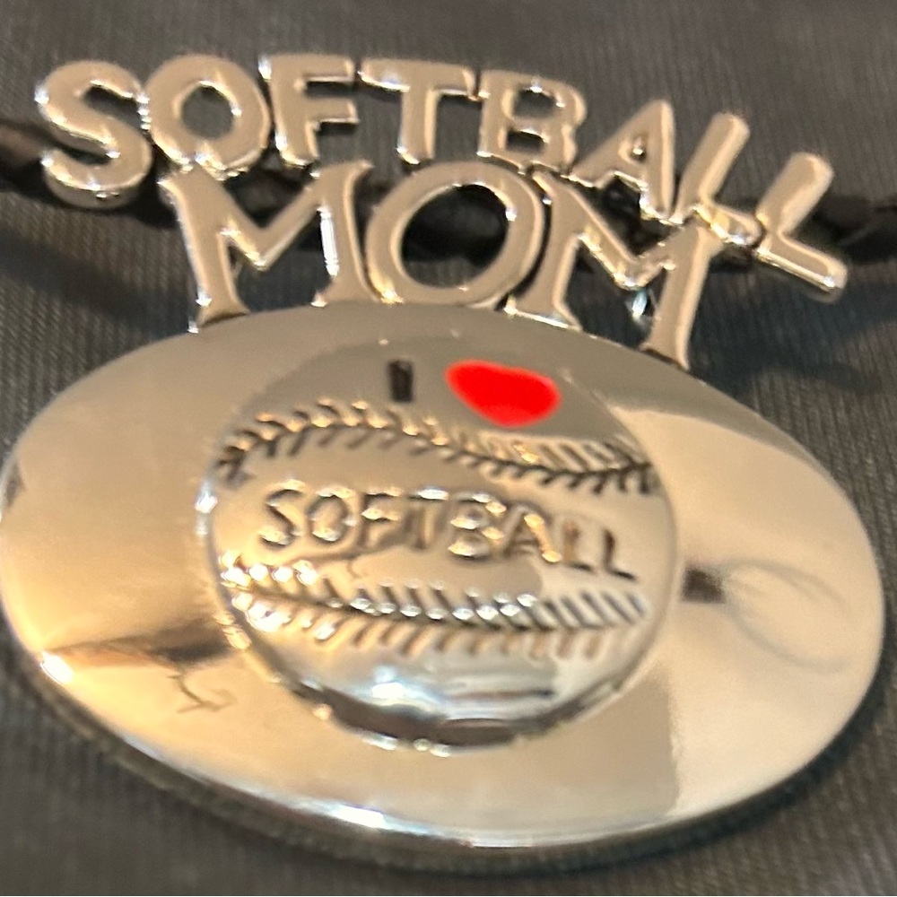 Silver Softball Mom Necklace with Red Heart